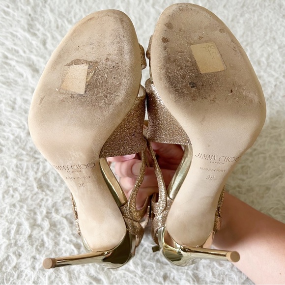 Jimmy Choo Leslie Gold Champagne Glitter Strappy Caged Heels Sandals Size EU 38 - Picture 13 of 14